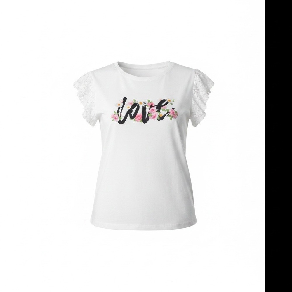 SHEIN Short Sleeve Top w/Lace Sleeves Womens Size L (Chest 34) Floral Love Print
